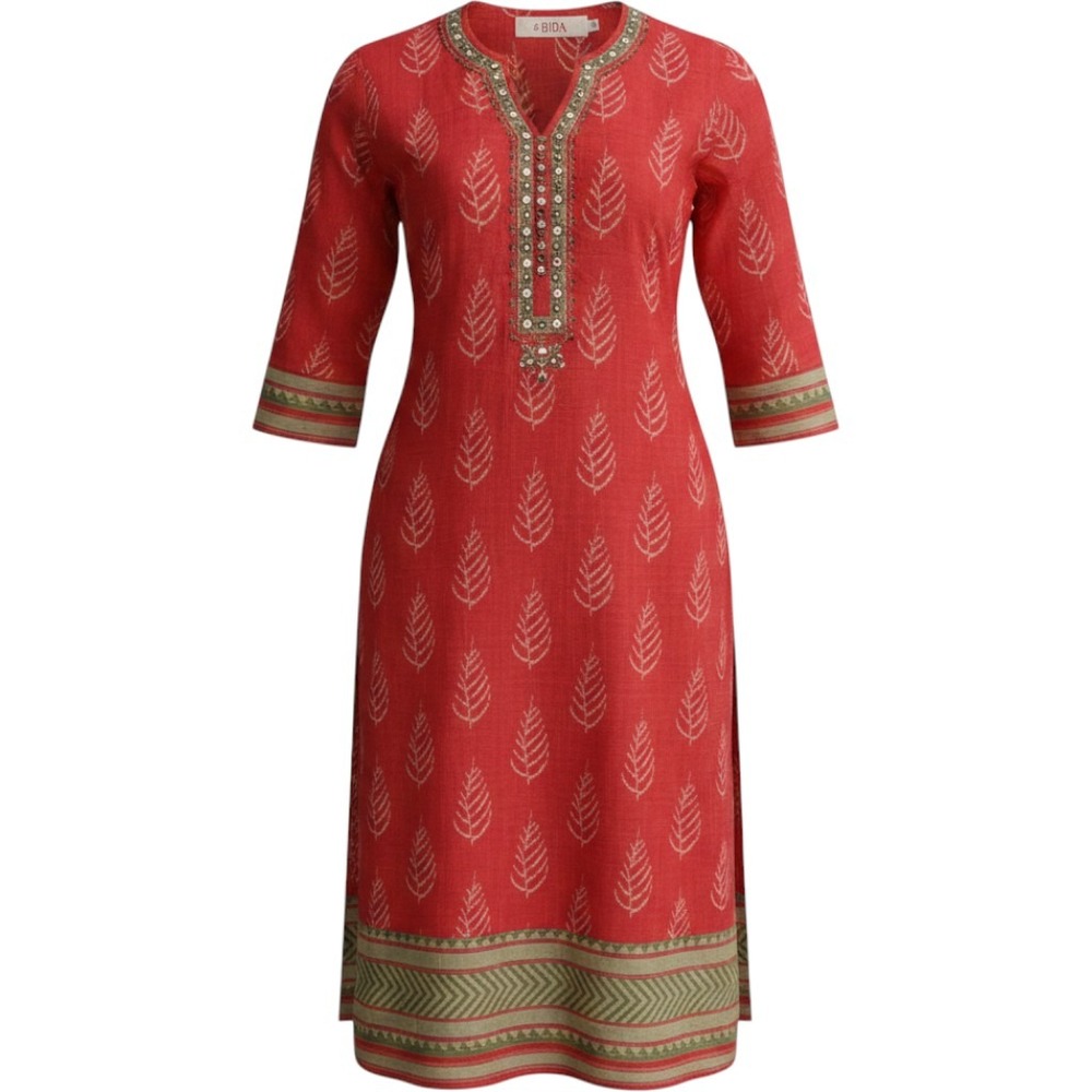 Biba Red Leaf Print Kurta Tunic Mirror Work Embroidered Split Neck Dress Size 36